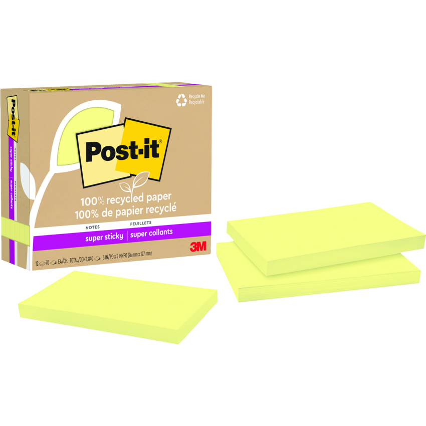 Post-it® 100% Recycled Super Sticky Notes 3" x 5" 70 sheets per pad Canary Yellow™ 12 pads/pkg
