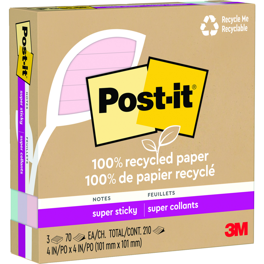 Post-it® Super Sticky Notes Lined 4" x 4" 70 sheets per pad Assorted Wanderlust Pastel Colours 3 pads/pkg