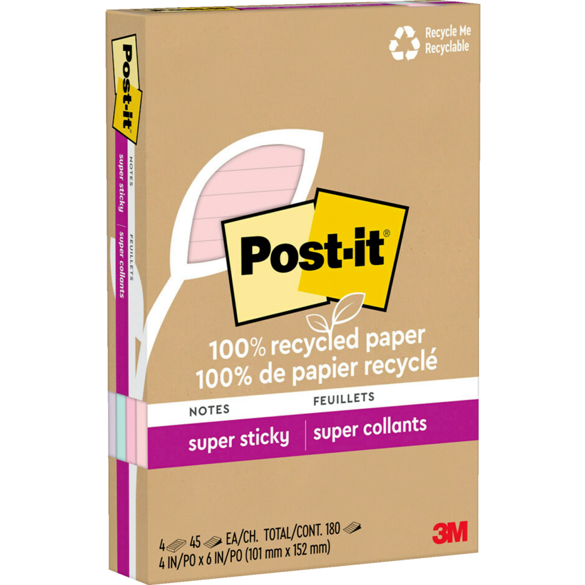 Post-it® Super Sticky Notes Lined 4" x 6" Assorted Wanderlust Pastel Colours 4 pads/pkg