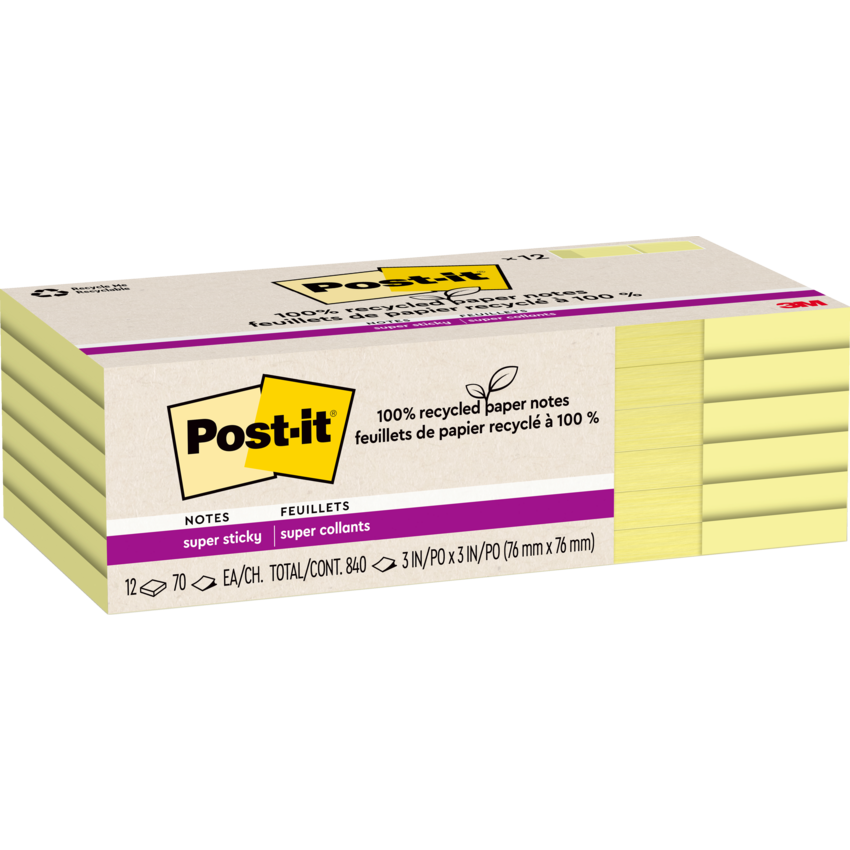 Post-it® 100% Recycled Super Sticky Notes 3" x 3" 70 sheets per pad Canary Yellow™ 12 pads/pkg