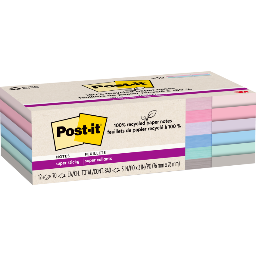 Post-it® Super Sticky Notes 3" x 3" 70 sheets per pad Assorted Wanderlust Pastel Colours 12 pads/pkg