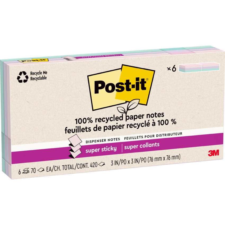 Post-it® 100% Recycled Paper Super Sticky Dispenser Notes 3" x 3" 70 sheets per pad Assorted Wanderlust Pastel Colours 6 pads/pkg