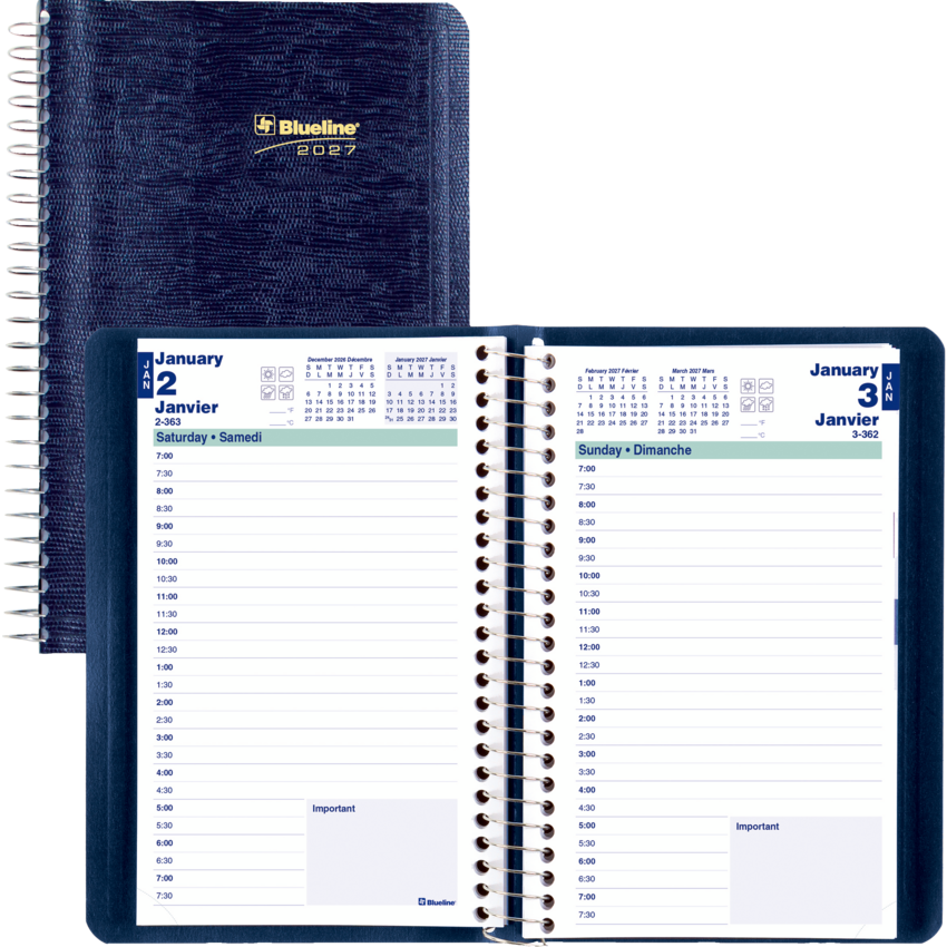 Blueline® Essential Daily Diary Spiral Bound Soft Cover 8" x 5" Bilingual Blue