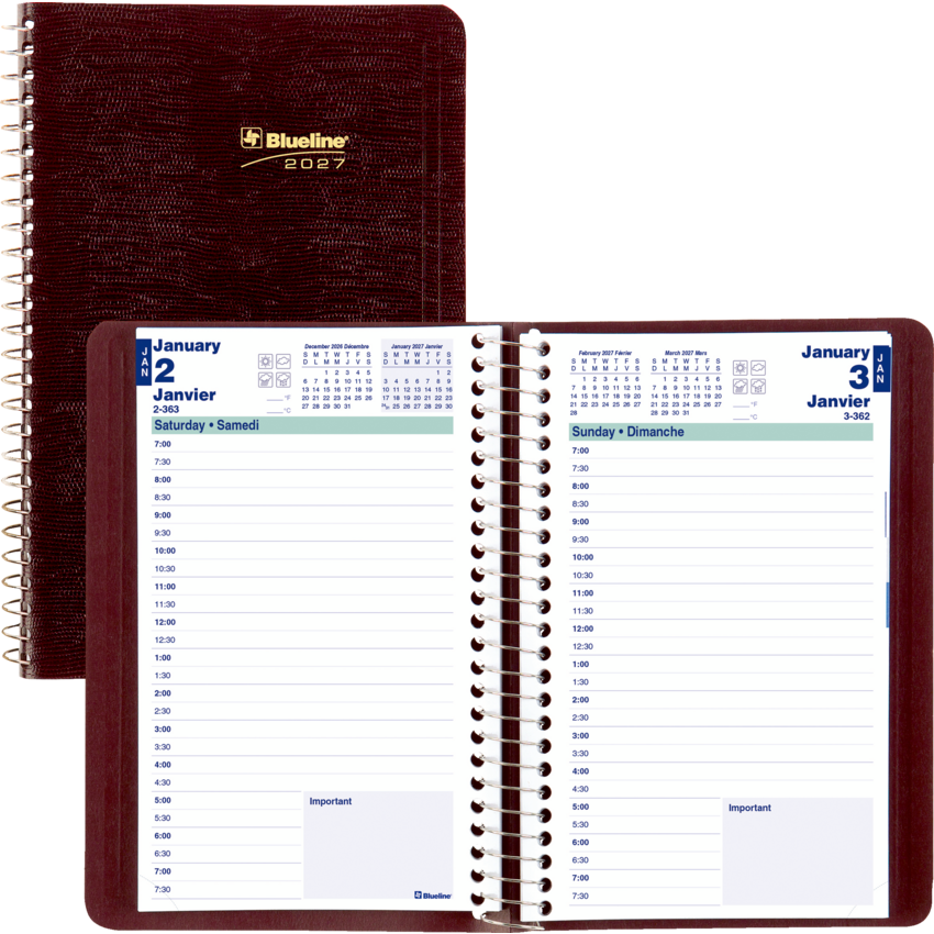 Blueline® Essential Daily Diary Spiral Bound Soft Cover 8" x 5" Bilingual Burgundy