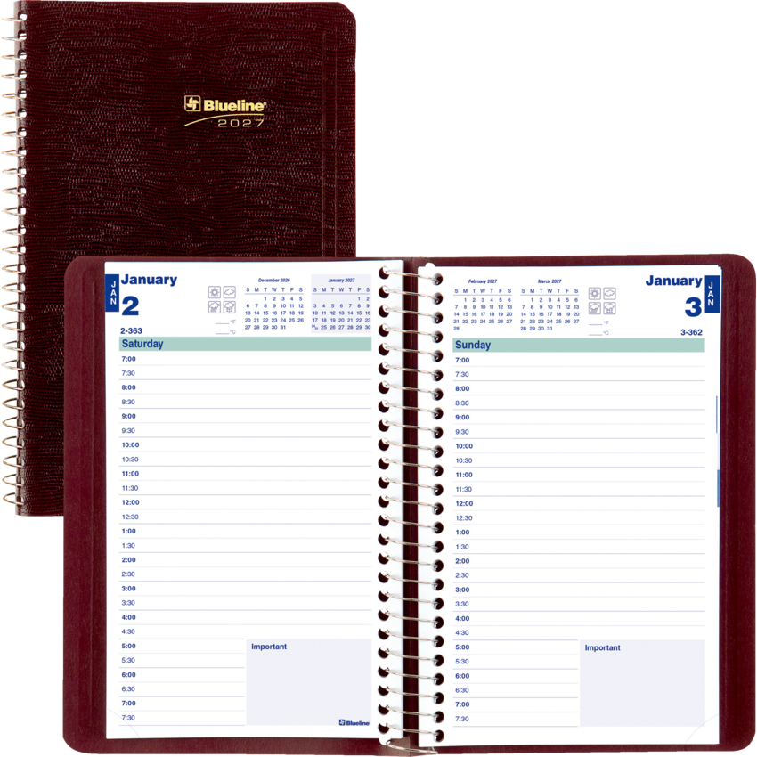 Blueline® Essential Daily Planner Soft Cover 8" x 5" English Burgundy