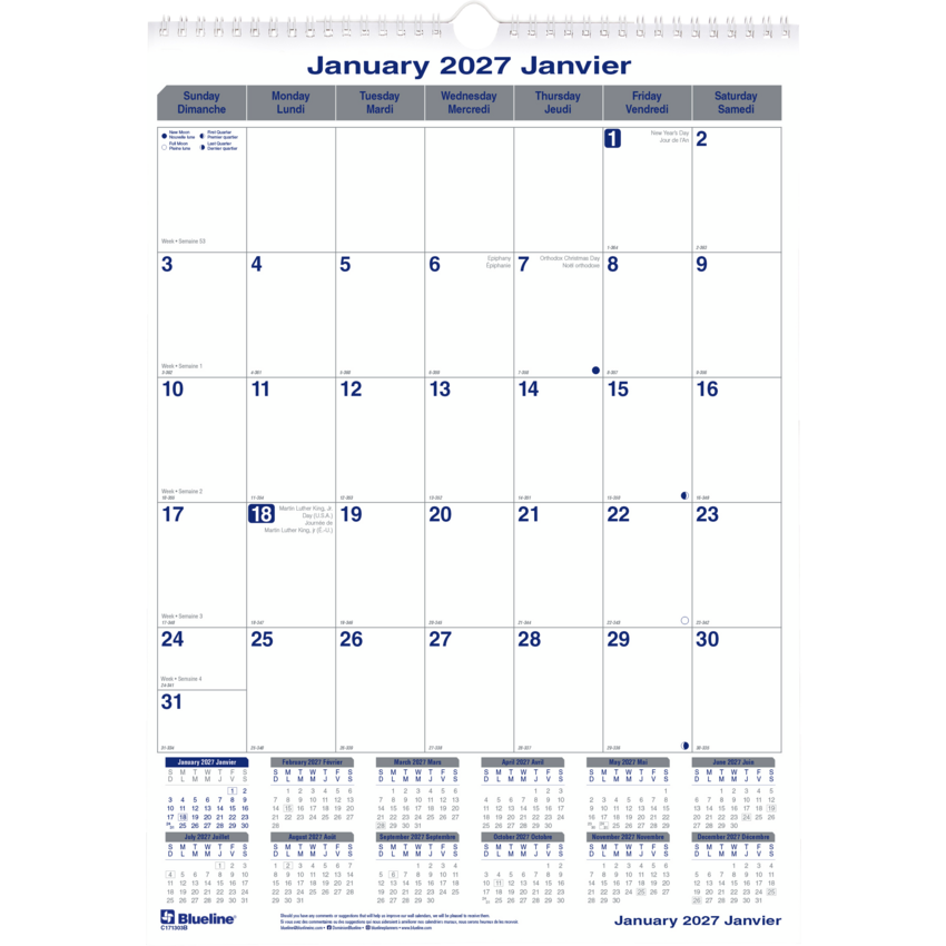 Blueline® Net Zero Carbon™ Wall Calendar 12" x 17" Bilingual