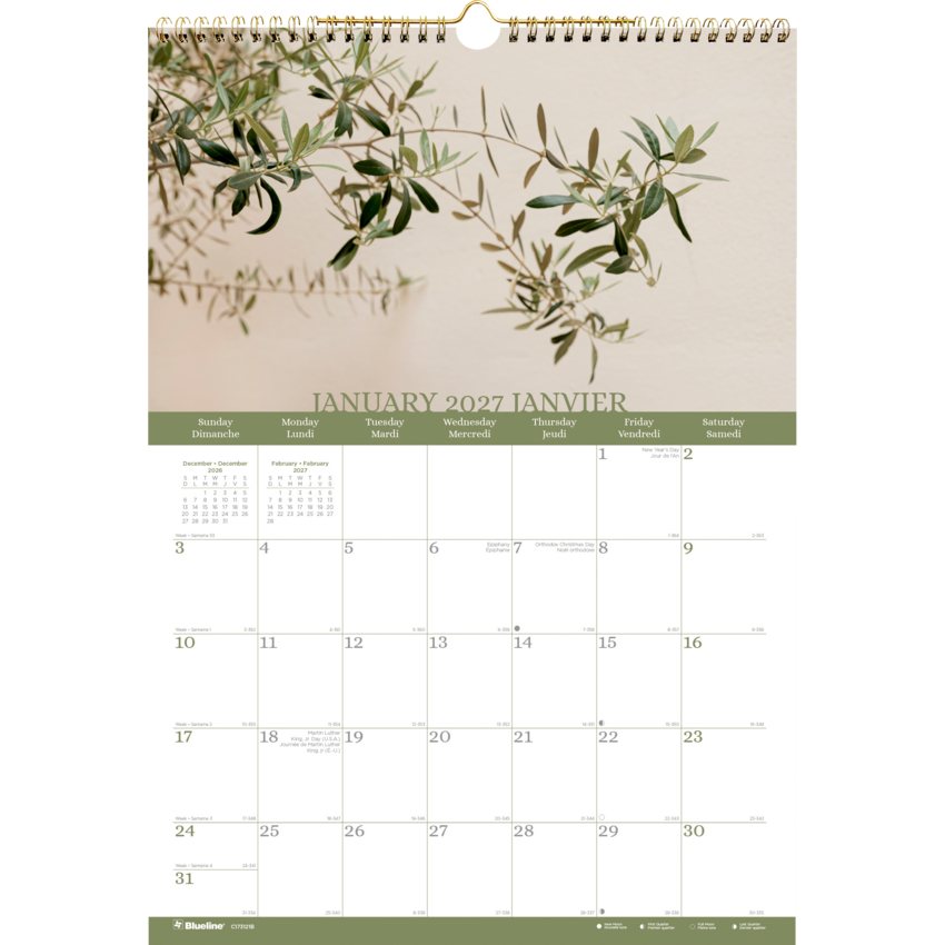 Blueline® Colourful Wall Calendar 12" x 17" Bilingual Minimalist Design