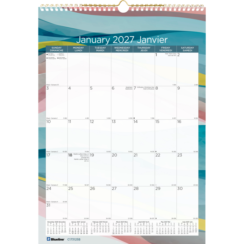 Blueline® Colourful Wall Calendar 12" x 17" Bilingual Azure Design