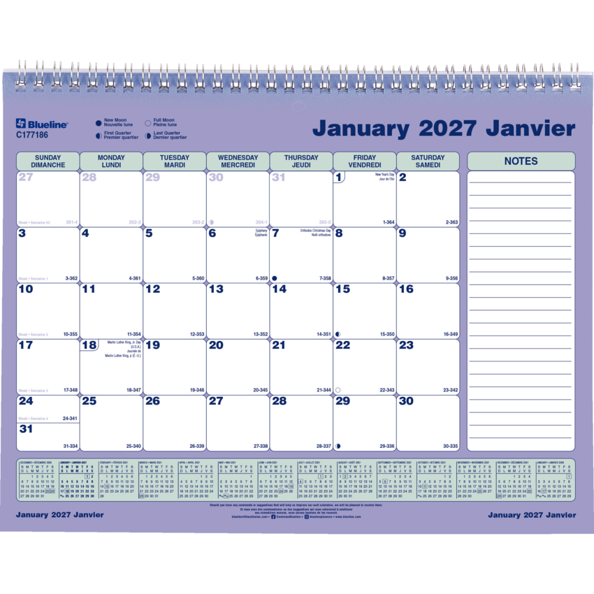 Blueline® Wall Calendar 11"x 8-1/2" Bilingual
