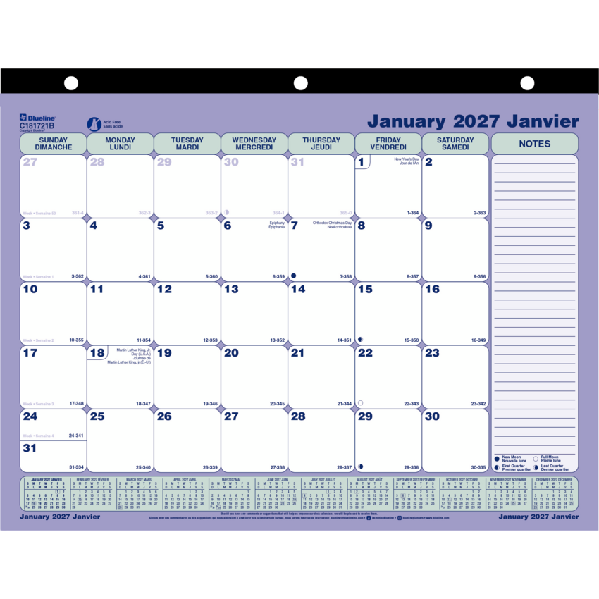Blueline® Monthly Desk/Wall Calendar 3-Hole 11" x 8-1/2" Bilingual