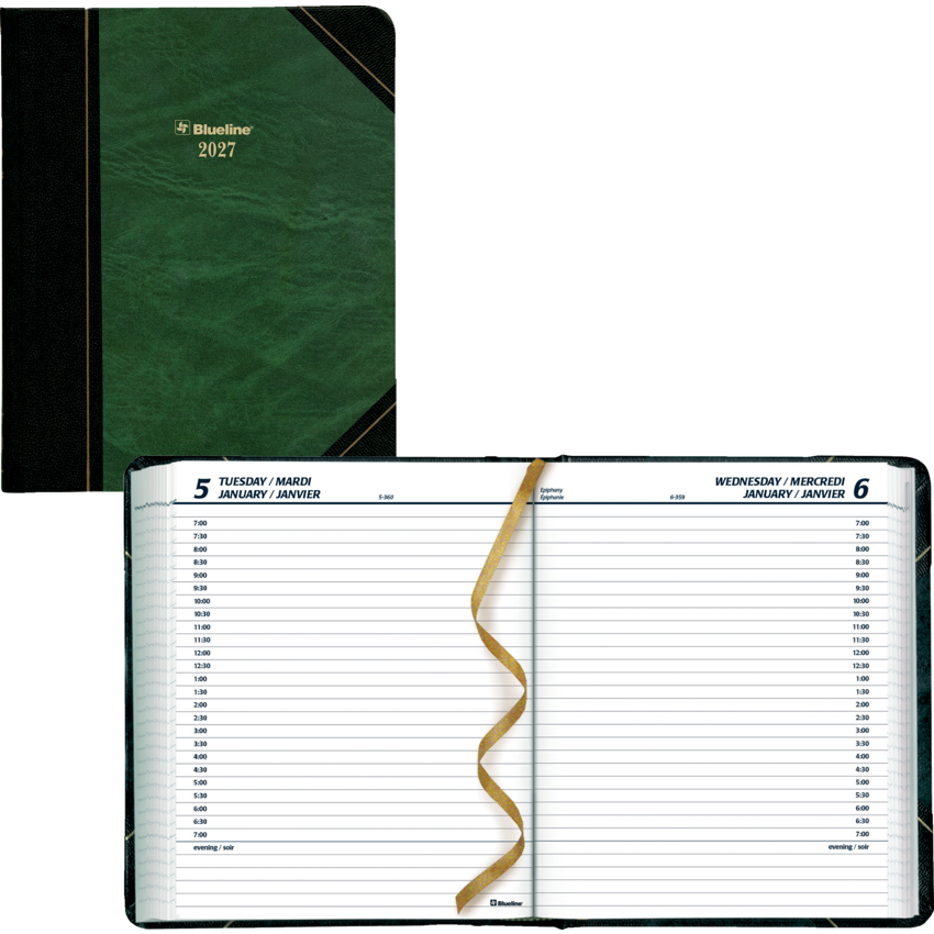 Blueline® Traditional Daily Diary Hard Cover 8-1/8" x 6-9/16" Bilingual Green