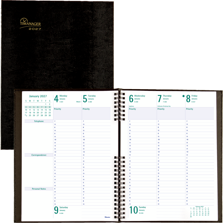 Blueline® Timanager® CoilPro™ Weekly Business Diary 10-1/4" x 7-5/8" English Black