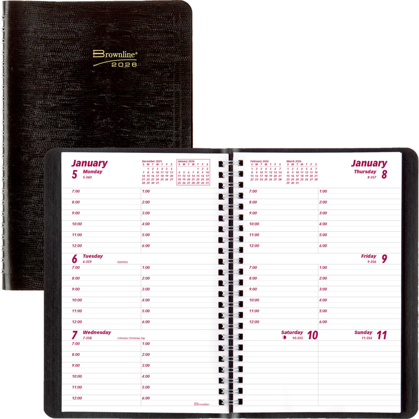 Brownline® Essential Weekly Diary Twin Wire Flexible Cover 8x5" English Black
