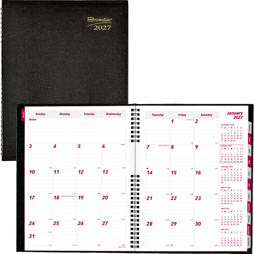 Brownline® CoilPro™ Monthly Planner Hard Cover 14-Month 11" x 8-1/2" English Black
