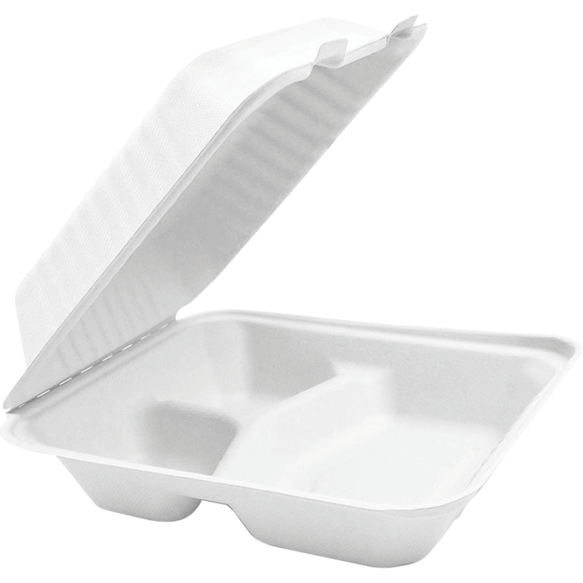 Globe™ Compostable Hinged Containers 3 Compartment 6"W x 6"D x 3"HWhite 50/pkg